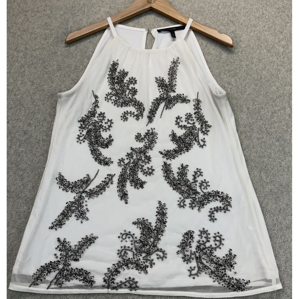 White House Black Market Womens Blouse White Halter Neck Beaded Floral Mesh S